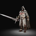 Man In Detailed Warrior Armor With Long Sword And Tattered Cloak Standing Pose