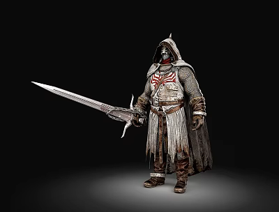 Man In Detailed Warrior Armor With Long Sword And Tattered Cloak Standing Pose 3d model