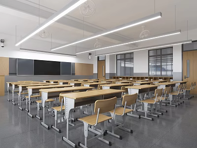 Spacious Modern School Classroom With Rows Of Desks Chairs And Blackboard 3d model