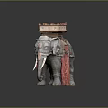 Ornate Elephant Sculpture With Decorative Tower Top And Red Drapery Details