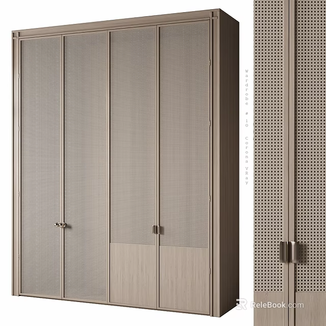 Modern Elegant Cabinet Doors With Grid Pattern Wooden Frame And Metallic Handles 3d model 