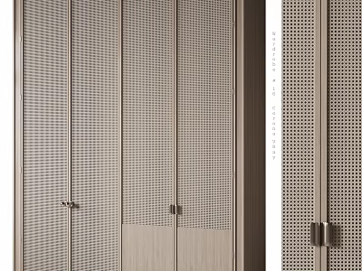 Modern Elegant Cabinet Doors With Grid Pattern Wooden Frame And Metallic Handles 3d model