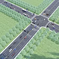 Modern Road Infrastructure at Urban Intersection with Multiple Lanes Traffic Lights and Green Belts