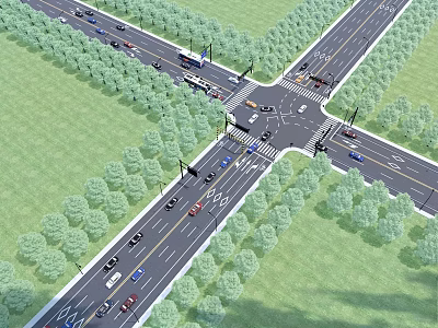 Modern Road Infrastructure at Urban Intersection with Multiple Lanes Traffic Lights and Green Belts 3d model