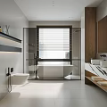 Modern Bathroom Design With Glass Shower Bathtub Double Vanity Sinks White Gray Tones Wooden Elements