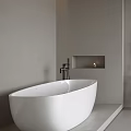 Modern Minimalist Bathroom Interior With White Freestanding Bathtub Wooden Ladder Shelf And Large Window