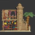 Cartoon Style Model Featuring Two Story Building Tower Staircase Palm Tree Tables Chairs And Curtains