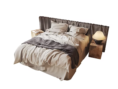 Neutral Toned Double Bed With Upholstered Headboard Folded Bedspread Wooden Nightstand And Table Lamp 3d model