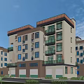 Modern Red Brick Multi Story Residential Building With Balconies And Ground Floor Garages