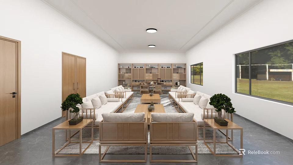 Modern Office Interior With Wooden Cabinets Sofas Coffee Tables And Green Plants 3d model 