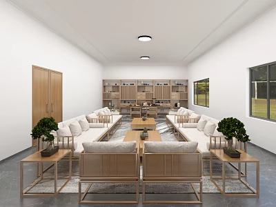 Modern Office Interior With Wooden Cabinets Sofas Coffee Tables And Green Plants 3d model