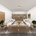 Modern Office Interior With Wooden Cabinets Sofas Coffee Tables And Green Plants