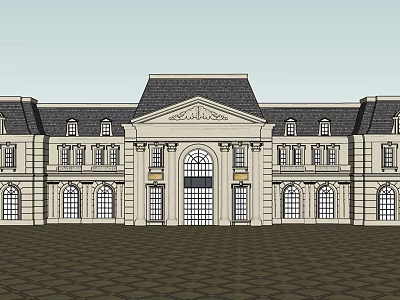 Classical Building Facade With Symmetrical Design Central Entrance Decorative Carvings Dark Roof And Brick Square 3d model