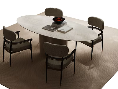 Light Colored Oval Table and Chair Set with Four Upholstered Chairs and Bowl on Table 3d model