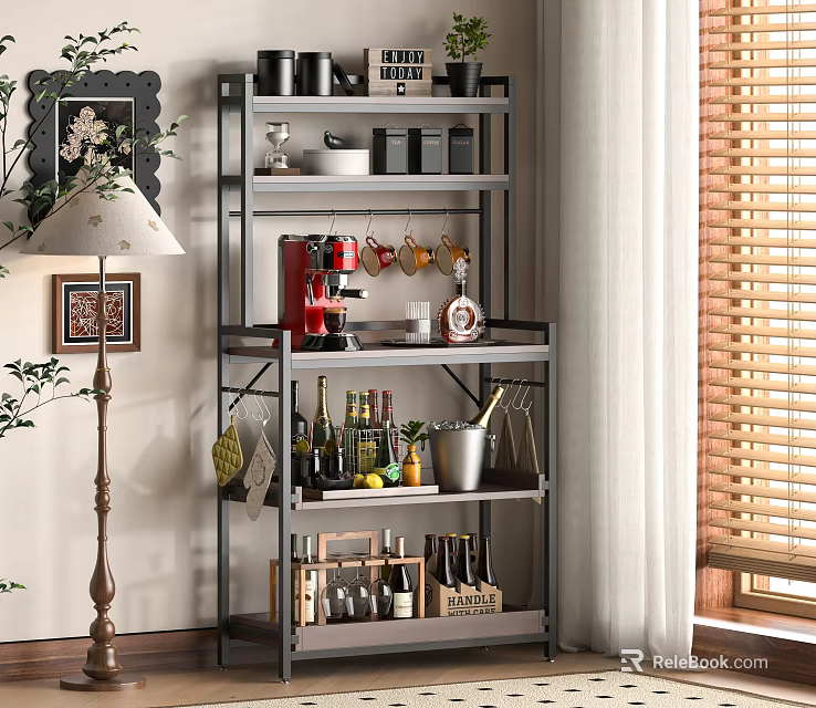 Stylish Kitchen Storage Shelf with Decorative Items Bottles Mugs and Practical Design 3d model 