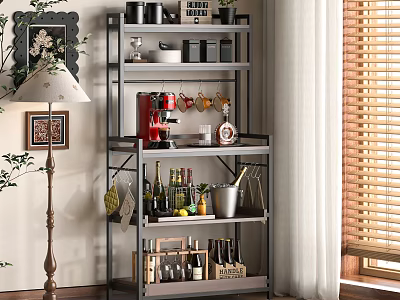 Stylish Kitchen Storage Shelf with Decorative Items Bottles Mugs and Practical Design 3d model
