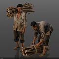 Two Men Carrying Firewood And Tying Logs In Worn Clothes Gray Background
