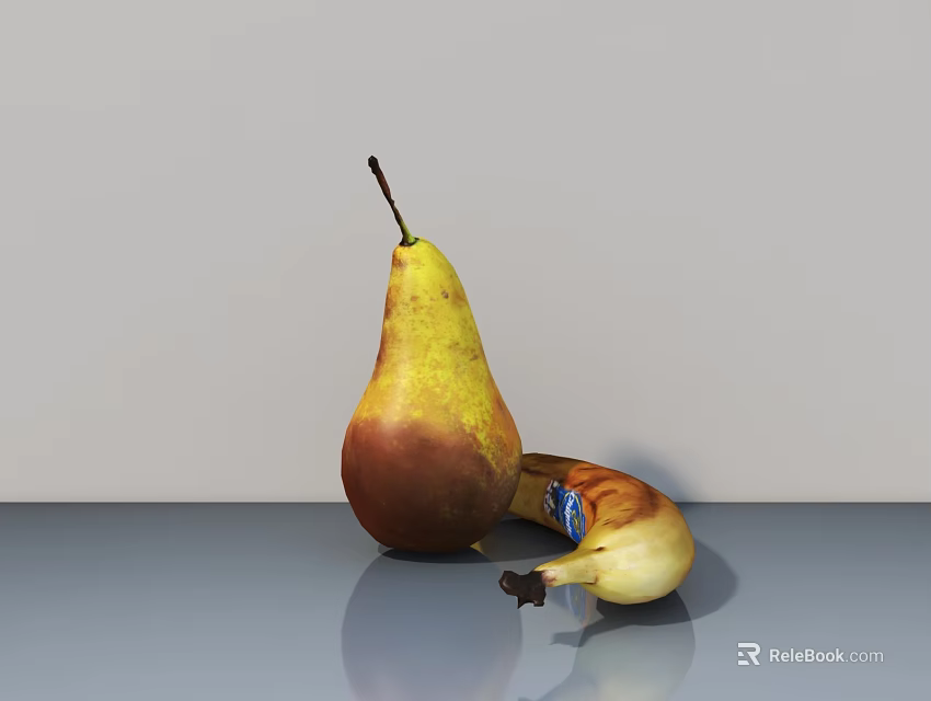 Ripe Pear and Peeled Banana Displayed on Grey Table with White Background 3d model 