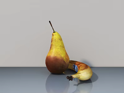 Ripe Pear and Peeled Banana Displayed on Grey Table with White Background 3d model