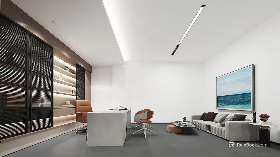 Modern Office Interior With White Walls Gray Flooring Desk Chairs Sofa And Blue Sea Painting 3d model 