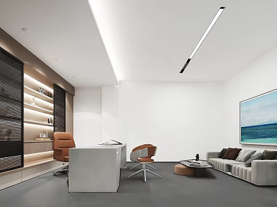 Modern Office Interior With White Walls Gray Flooring Desk Chairs Sofa And Blue Sea Painting 3d model