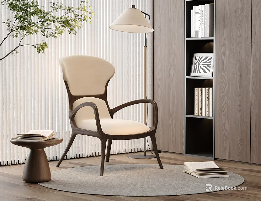Modern Beige Armchair And Small Round Side Table With Floor Lamp Bookshelf And Green Plant 3d model 