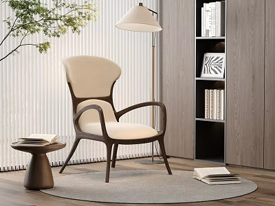 Modern Beige Armchair And Small Round Side Table With Floor Lamp Bookshelf And Green Plant 3d model