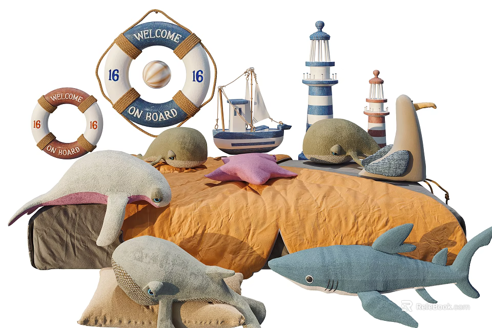 Nautical Themed Stuffed Toys Collection With Lifebuoy Sailboat Lighthouse Whale Seagull Shark Starfish 3d model 