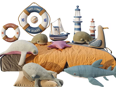 Nautical Themed Stuffed Toys Collection With Lifebuoy Sailboat Lighthouse Whale Seagull Shark Starfish 3d model