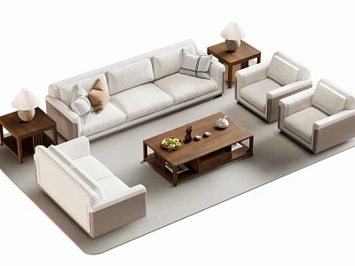 Modern Beige Sofa And Wooden Coffee Table Set With Armchairs Side Tables And Throw Pillows 3d model