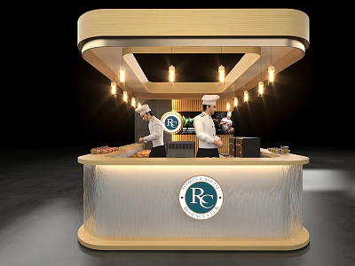 Modern Bar Counter With Chefs Preparing Food And Pendant Lights Design 3d model
