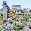 Lush Park Landscape With Purple Blooms Winding Stone Staircase Green Trees And Modern Structure