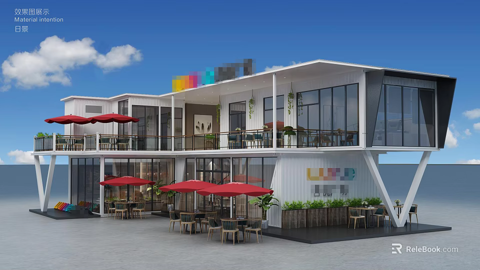 Modern Sales Office Building With Large Glass Windows Outdoor Seating Red Umbrellas And Green Plants 3d model 