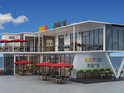 Modern Sales Office Building With Large Glass Windows Outdoor Seating Red Umbrellas And Green Plants 3d model