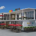 Modern Sales Office Building With Large Glass Windows Outdoor Seating Red Umbrellas And Green Plants