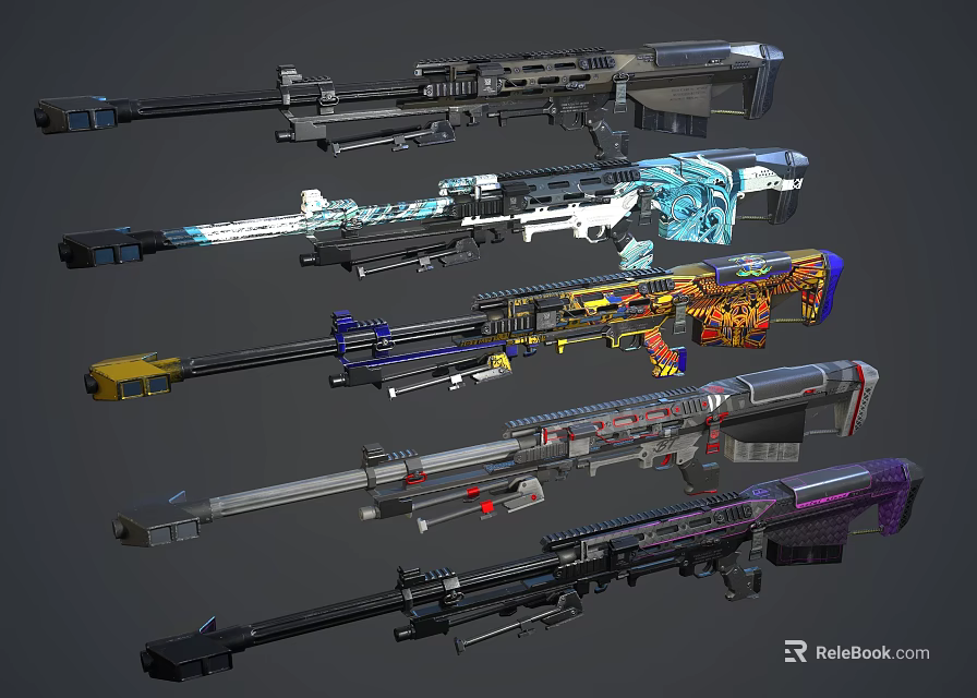Colorful Sniper Rifles Featuring Diverse Decorative Patterns And Futuristic Gaming Designs 3d model 