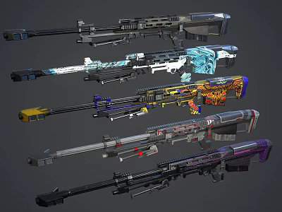 Colorful Sniper Rifles Featuring Diverse Decorative Patterns And Futuristic Gaming Designs 3d model