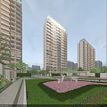 Modern High Rise Residential Buildings Exterior With Green Garden And Deer Sculptures