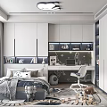 Modern Cozy Kids Room Interior With Bed Desk Chair Toys Cabinets And Cloud Lamp