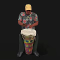 Man in Yellow Cap and Floral Shirt Sitting on Chair Playing Colorful Drum