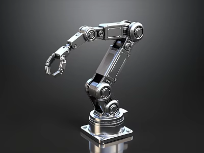 Silver Robotic Arm With Multiple Joints And Square Base On Dark Background 3d model