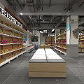 Supermarket Department Store Interior With Shelves Various Goods And Refrigerated Counters