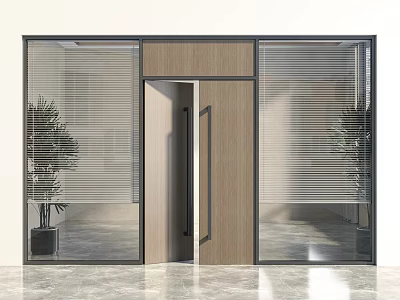 Double Doors With Wooden Frame Glass Panels And Blinds In Interior Space Marble Floor Plant 3d model