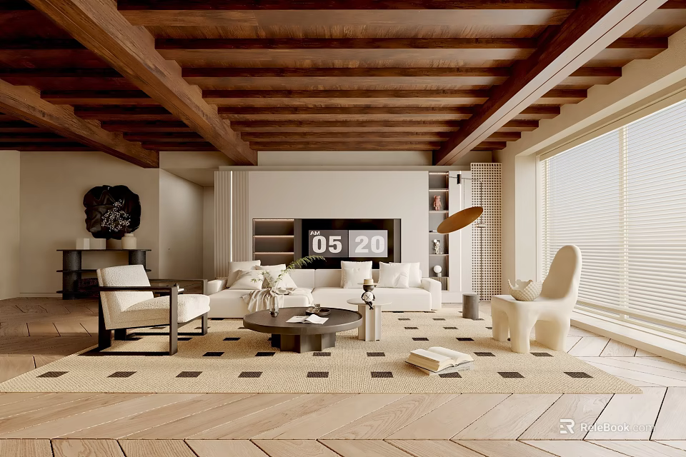 Modern Living Room Interior With Wooden Beam Ceiling White Sofa And Coffee Table Rug 3d model 