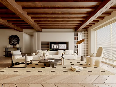 Modern Living Room Interior With Wooden Beam Ceiling White Sofa And Coffee Table Rug 3d model