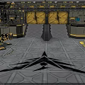 Futuristic Sci-Fi Facility Interior With Metallic Geometric Floor And Large Yellow Doors
