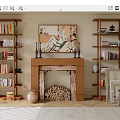 Modern bookshelf Middle wooden bookshelf Wooden fireplace combination Book ornaments combination 3d model