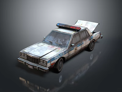 Old Worn Vintage Police Car With Flashing Lights And Reflective Finish 3d model