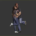 Happy Man And Woman Hugging In Gray Shirts Blue Jeans Lifting Legs On Gray Background