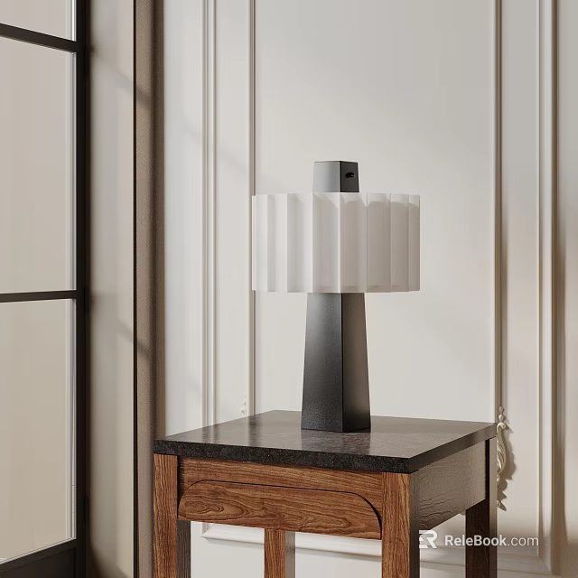 Modern Pleated White Lampshade Table Lamp On Wooden Nightstand With Black Tabletop 3d model 